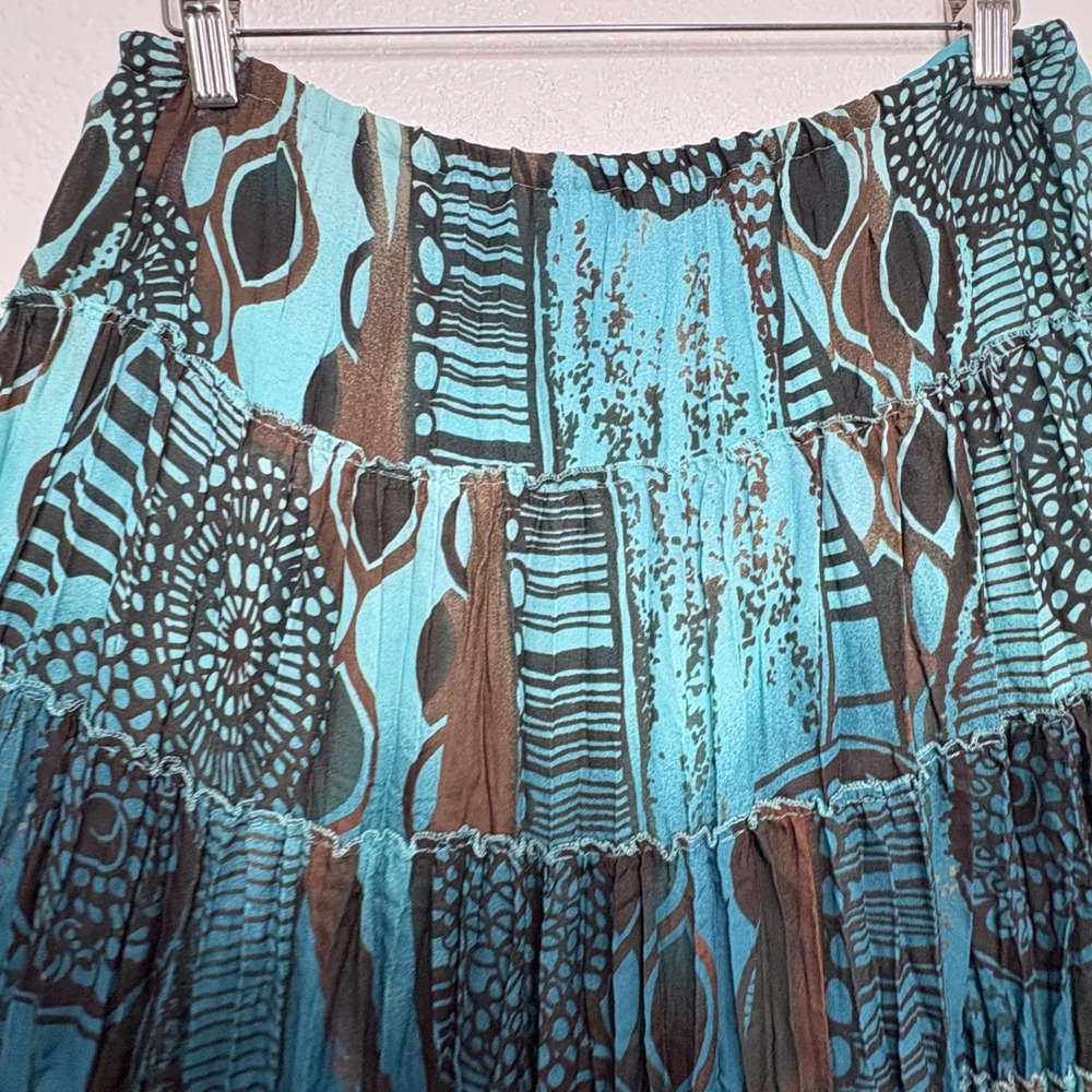Sunny Leigh Turquoise Brown Abstract Tribal Tiered Maxi Skirt XL Boho Geometric - Picture 6 of 7